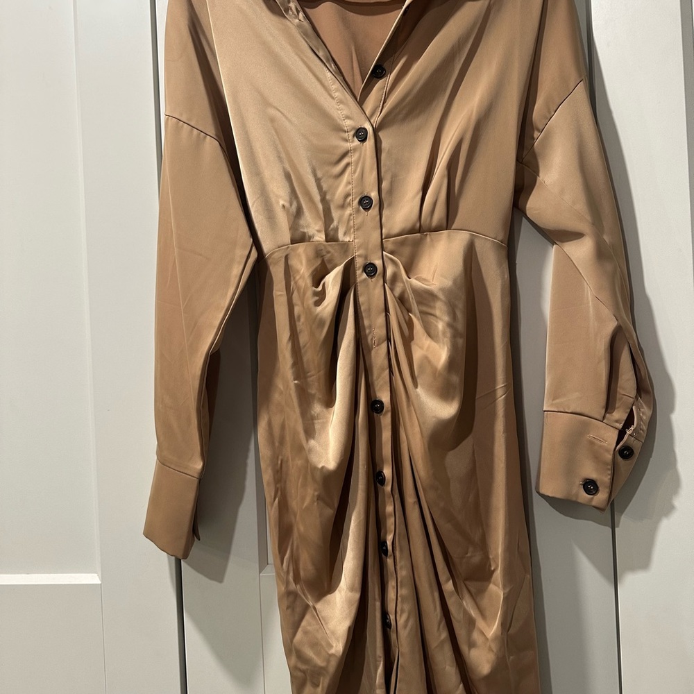 Elegant Tan Button-Up Dress